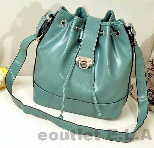 BLUISH GREEN PU DRAWSTRING SHOULDER BAG